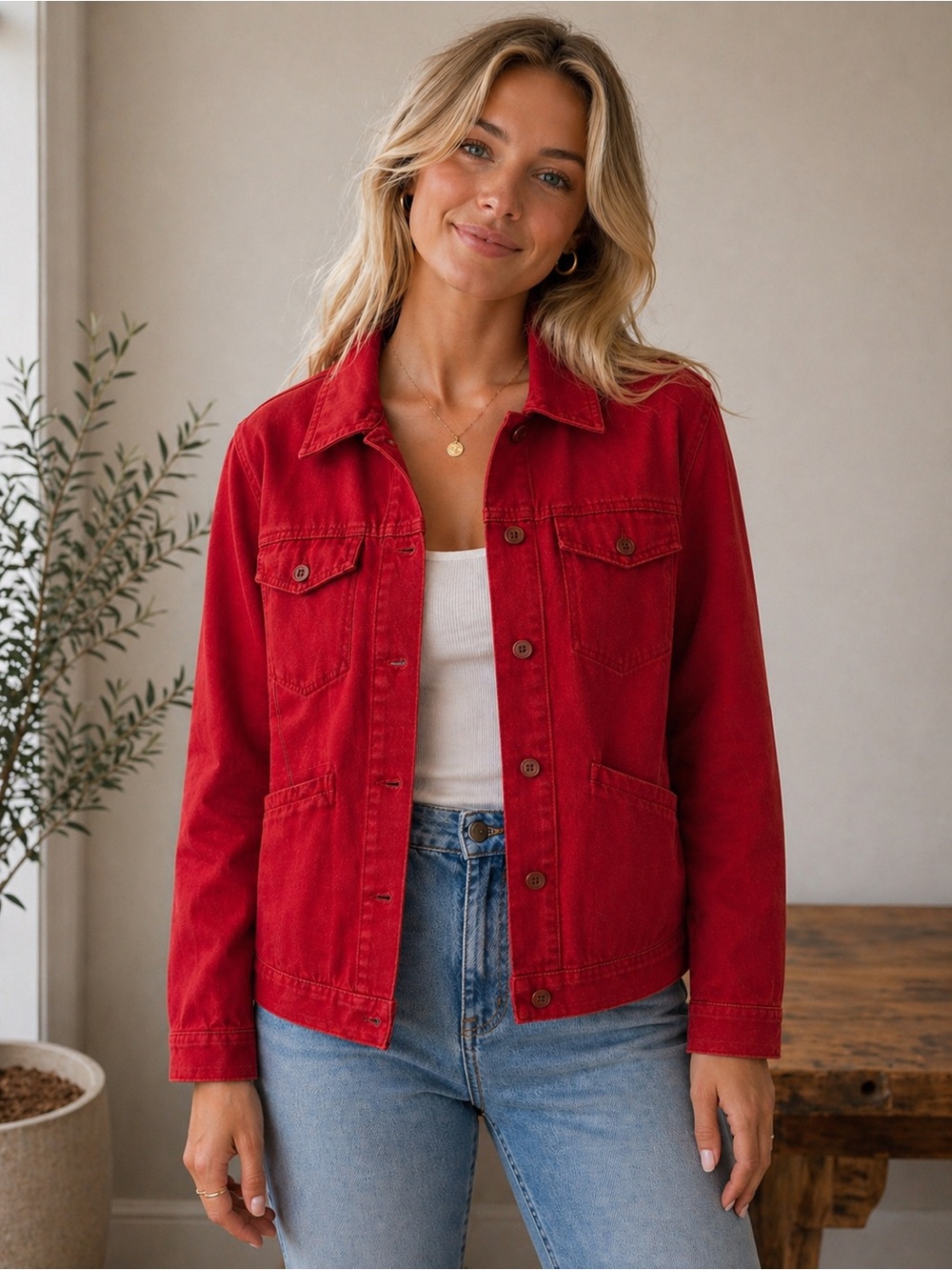 Vintage Vibrant Red Women's Denim Jacket